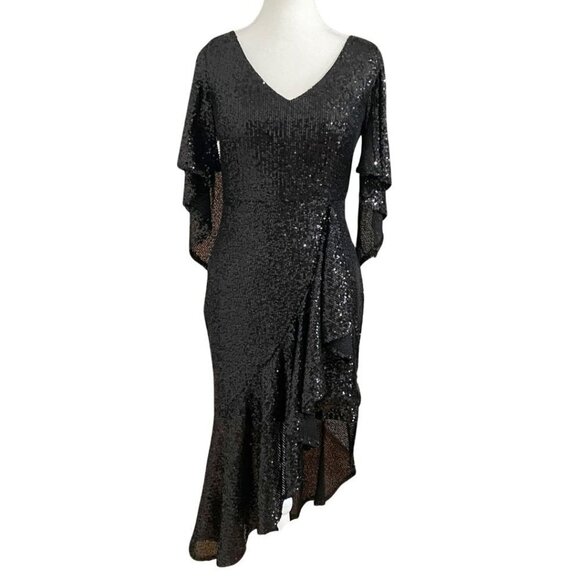 DALIA MACPHEE BLACK SEQUIN FLUTTER SLEEVE RUFFLE COCKTAIL EVENING DRESS - L - Picture 2 of 10